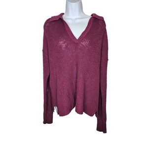 Sundance 100% Cotton Sweater L Raspberry Open Knit Collared V-Neck Boho Pullover
